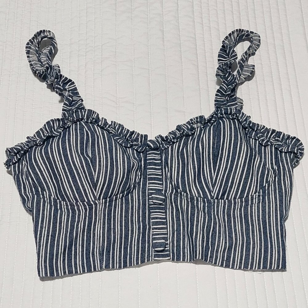 ELA Denim Blue & White Striped Sleeveless Crop Top Size M